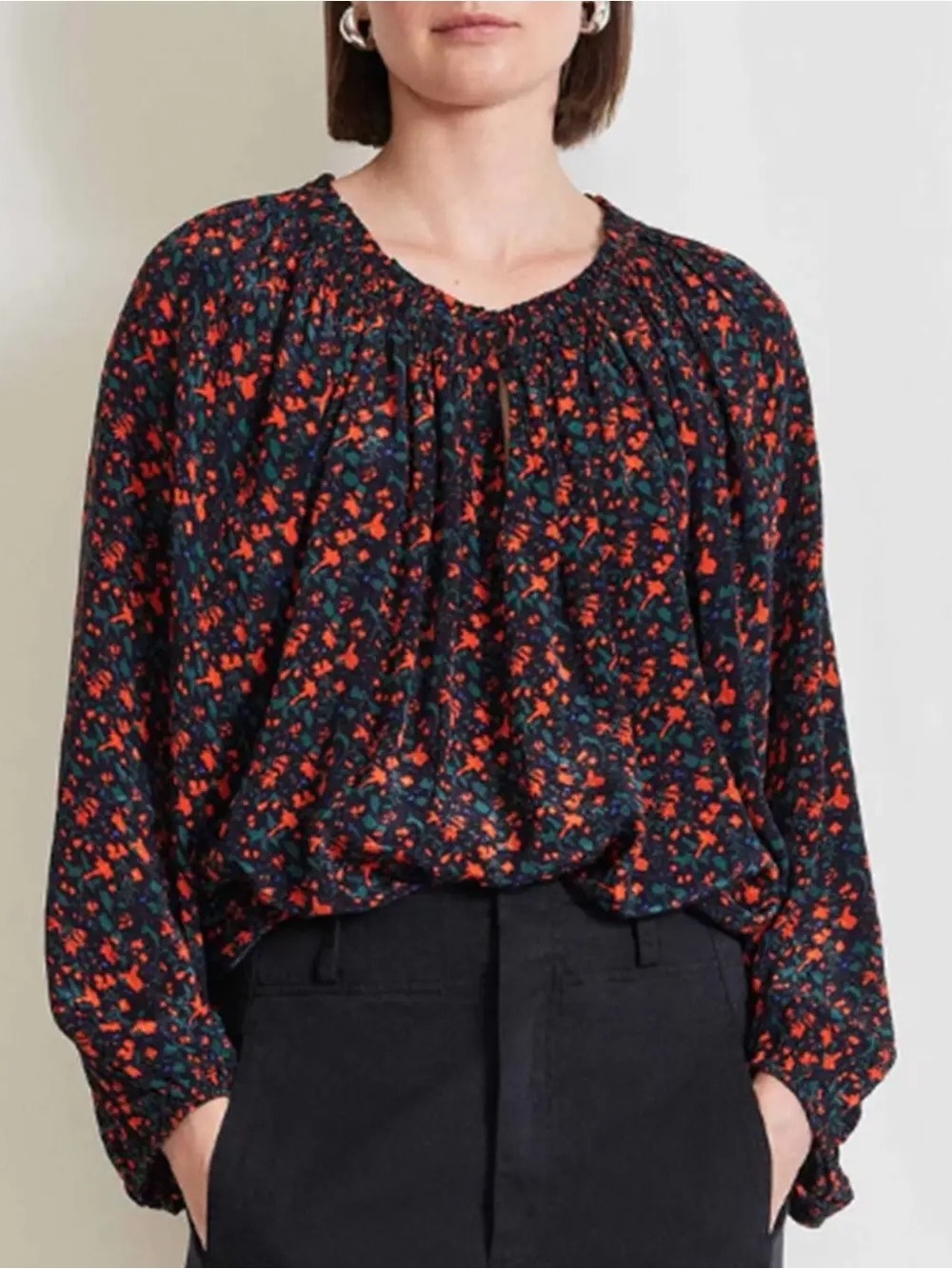Apiece Apart Esparta top black red blue green ditsy Floral Blouse elastic cuff